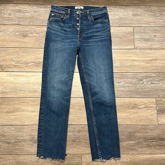RE/DONE 90S HIGH RISE ANKLE CROP JEANS BLUE SIZE 27 DISTRESSED ANKLE - Picture 1 of 14